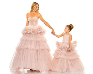 GIRLS HIGH NECK TULLE DRESS WITH FEATHER DETAIL